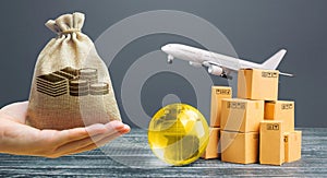 Money bag, boxes with globe and freight plane. International delivery of goods and products. Logistics, infrastructure hubs.