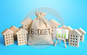 Money bag budget and real estate. Municipality budget of community. Collection of taxes and fees. City services. Effective