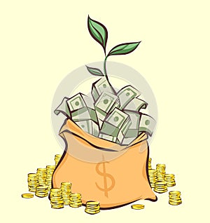 Money bag with bunches of dollars, coins stacks beside and money tree sprout, cartoon style, isolated vector illustration