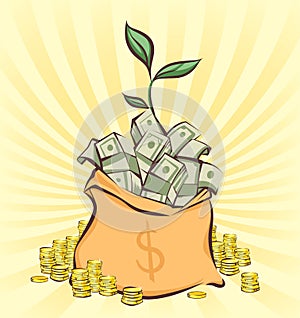 Money bag with bunches of dollars on retro rays background, coins stacks beside, money tree sprout, cartoon style, vector illustra