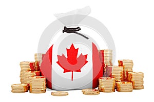 Money bag with Canadian flag and golden coins around, 3D rendering