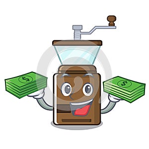 With money bag cartoon coffee grinder above wooden table