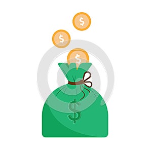 Money bag or cash sack near coins stack icon vector flat cartoon illustration isolated on white background.