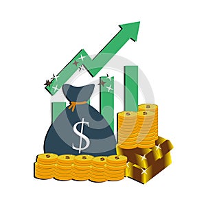 Money bag chart increase, business graph arrow up growth investment