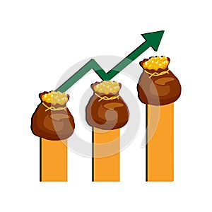 Money bag chart increase, business graph arrow up growth investment