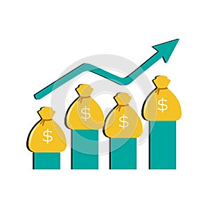 Money bag chart increase, business graph arrow up growth investment