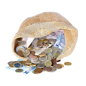 Money bag with coins and banknotes isolated over white
