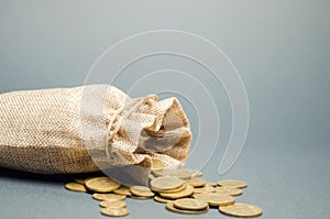 Money bag and coins falling from it. Concept of savings and the economy. Deposit. Cost control. Profit and liquidity. Cash