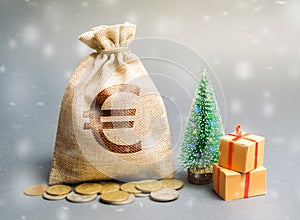 Money bag with coins and snowfall with tree. Business and finance. Loans, deposit, credit. New Year promotions and Christmas.