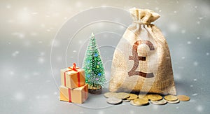 Money bag with coins and snowfall with tree. Business and finance. Loans, deposit, credit. New Year promotions and Christmas.