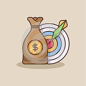 Money bag and dart board icon in flat style. Success, target goal, money in hand cartoon vector illustration