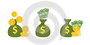 Money bag, dollar coins and banknotes in flat vector illustration