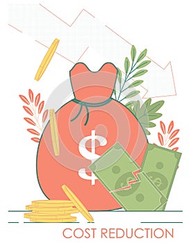 Money bag, dollar crash, coin stack. Cost Reduction financial economy crisis concept.