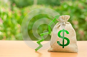 Money bag with dollar symbol and green up arrow. Increase profits and wealth. growth of wages. Favorable conditions for business.