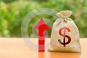 Money bag with dollar symbol and red up arrow. Increase profits and wealth. growth of wages. Investment attraction. loans photo