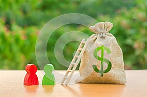 Money bag with dollar symbol and wo human figures near a ladder. Startup and crowdfunding. Deposit and savings. Achieving the goal