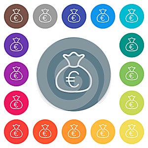 Money bag euro outline flat white icons on round color backgrounds