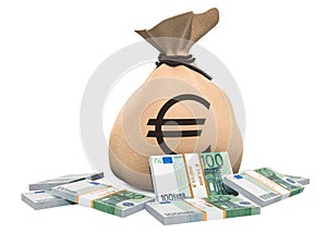 Money bag with euro packs, 3D rendering