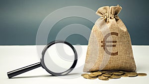 Money bag with euro sign and magnifying glass. The concept of finding sources of investment and sponsors. Charitable funds.