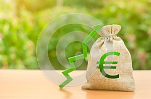 Money bag with Euro symbol and green up arrow. Increase profits and wealth. growth of wages. Favorable conditions for business