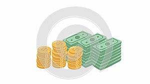 Money bag flat illustration. Dollars and gold coins stack. Wealth and banking icon. Isolated on white,