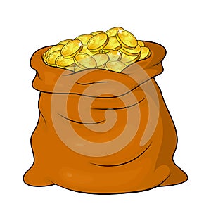 Money bag full of golden coins isolated on white background. Open cash sack icon,symbol design. Vector illustration, Finance,