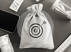 Money bag with goal icon image. The concept of achieving business goals. Execution of a business plan. Purposefulness. Planning. photo