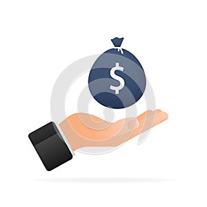Money bag in hand, great design for any purposes. Flat design vector illustration