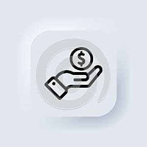 Money bag in hand icon. Income growth, financial savings accounts concept. Neumorphic UI UX white user interface web button.