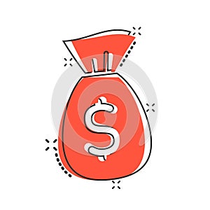 Money bag icon in comic style. Moneybag with dollar cartoon vector illustration on white isolated background. Cash sack splash