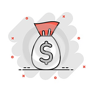 Money bag icon in comic style. Moneybag with dollar cartoon vector illustration on white isolated background. Cash sack splash