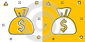 Money bag icon in comic style. Moneybag with dollar cartoon vector illustration on white isolated background. Cash sack splash