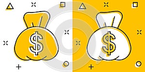 Money bag icon in comic style. Moneybag with dollar cartoon vector illustration on white isolated background. Cash sack splash
