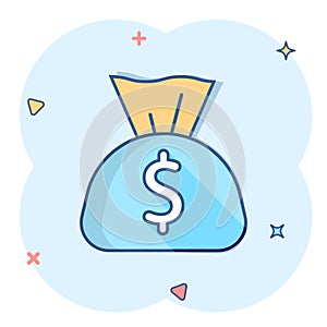 Money bag icon in comic style. Moneybag with dollar cartoon vector illustration on white isolated background. Cash sack splash