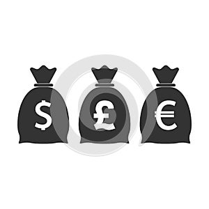 Money bag icon. Dollar, euro, pound icon Vector illustration flat design