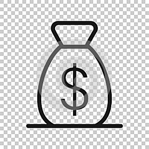 Money bag icon in flat style. Moneybag with dollar vector illustration on white isolated background. Cash sack business concept