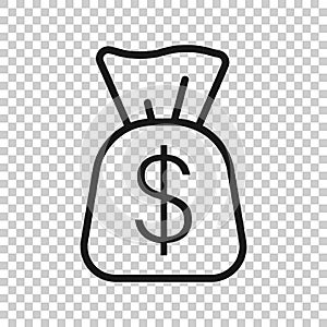 Money bag icon in flat style. Moneybag with dollar vector illustration on white isolated background. Cash sack business concept