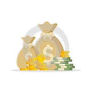 Money bag icon in flat style. Stack of currency banknotes vector illustration on isolated background. Dollars and gold coins sign