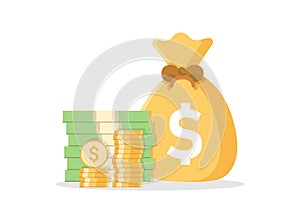 Money bag icon in flat style. Stack of currency banknotes vector illustration on isolated background. Dollars and gold coins sign