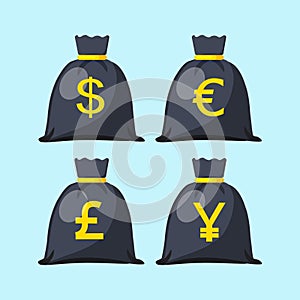 Money bag icon, moneybag simple cartoon with gold drawstring and dollar, euro, british pound, yen, yuan sign isolated on white