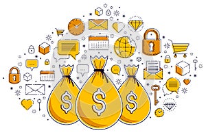 Money bag and icon set  design, savings or investments concept, online payments, marketplace