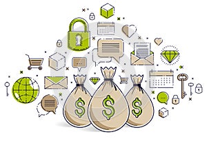 Money bag and icon set vector design, savings or investments concept, online payments.