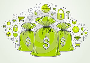 Money bag and icon set vector design, savings or investments concept, online payments.