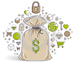 Money bag and icon set vector design, savings or investments concept, online payments.