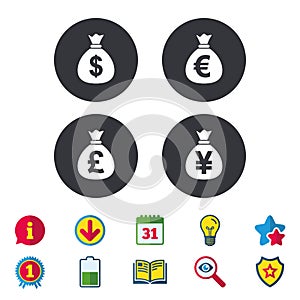 Money bag icons. Dollar, Euro, Pound and Yen.