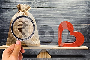 Money bag with indian rupee rupiah and red wooden heart on the scales. Money versus love concept. Family or career choice.