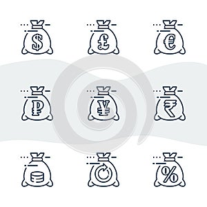 Money bag line icon set, currency exchange, pound and euro sign, ruble and rupee symbol, yen and sack