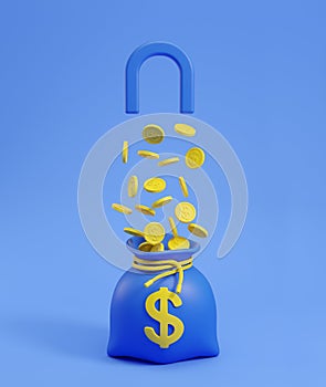 Money bag with magnet and falling dollar coins on blue background