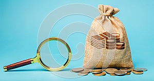 Money bag and magnifying glass. Find a money. The concept of finding sources of investment and sponsors. Charitable funds.