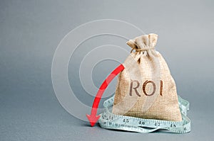 Money bag with measuring tape and the word ROI. Financial ratio illustrating the level of business loss. Return on investment.